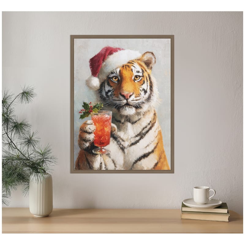 Kate and Laurel Sylvie Framed Canvas Tiger Festive Cocktail Santa Hat by The Creative Bunch Studio