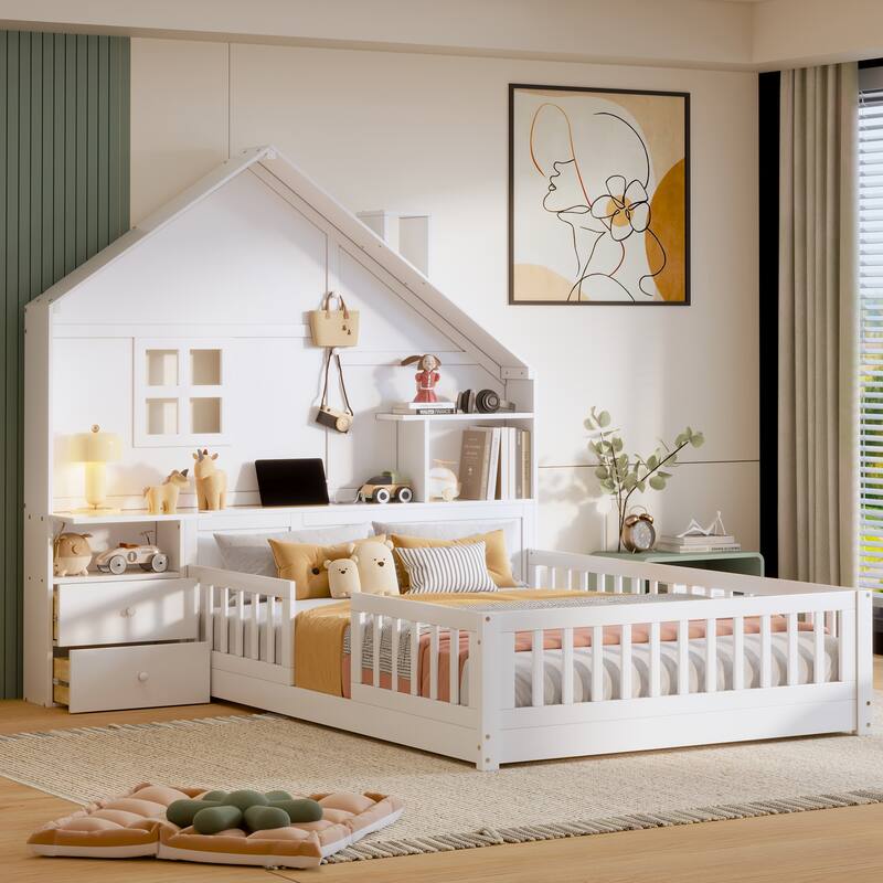 Wooden Floor Platform Bed with House Shape Storage Wingback Headboard, House Bed with USB, Window and Bedside Drawers - White - Full