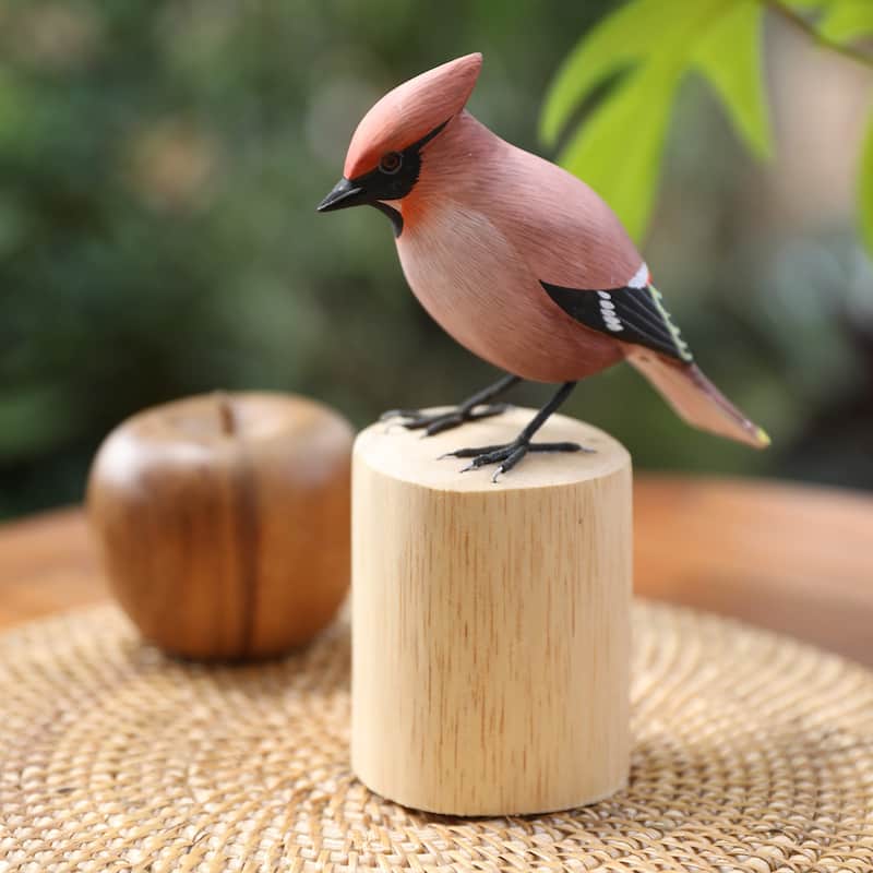 Novica Handmade Adorable Waxwing Wood Statuette
