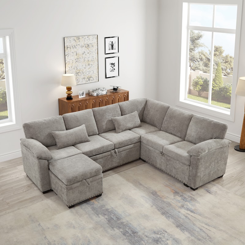 L-Shaped Chenille Sectional Sofa with Pull-Out Bed, Upholstered Convertible 7-Seater Sofa with Storage Ottoman & 2 Pillows