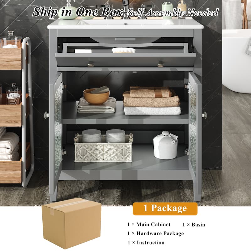 30" Modern Bathroom Vanity Set with Ceramic Sink - Adjustable Shelf & Tip-Out Tray, Soft-Close Hinges, Silver Knobs