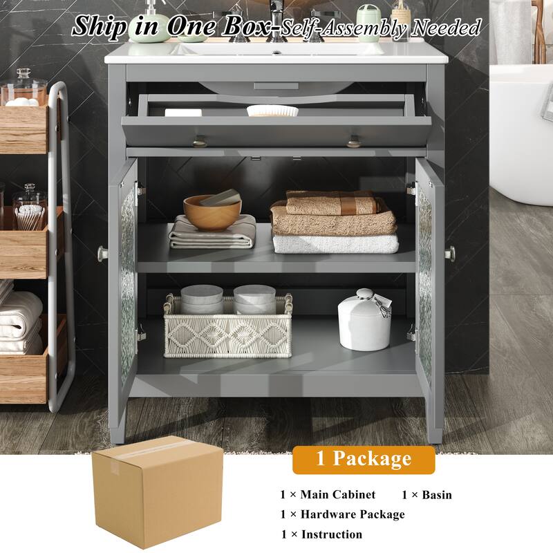 30" Storage Cabinet with Glass Doors, Bathroom Vanity with Ceramic Sink, Adjustable Shelf, Tip-Out Tray and Silver Metal Knobs