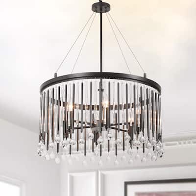 6-Light Modern Black Drum Raindrop Crystal Chandelier with Metal and Crystal Rods - 24.02 in. W x 31.5 in. H