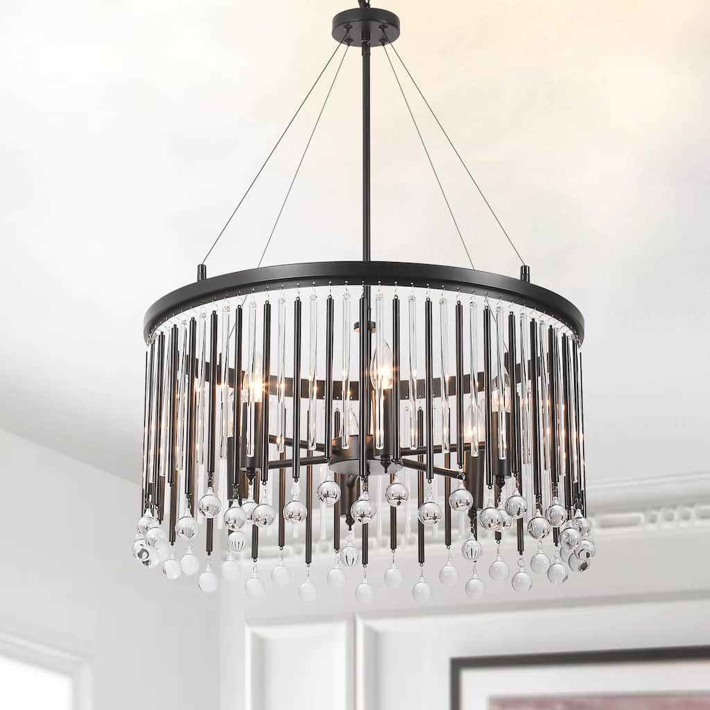 6-Light Modern Black Drum Raindrop Crystal Chandelier with Metal and Crystal Rods - 24.02 in. W x 31.5 in. H