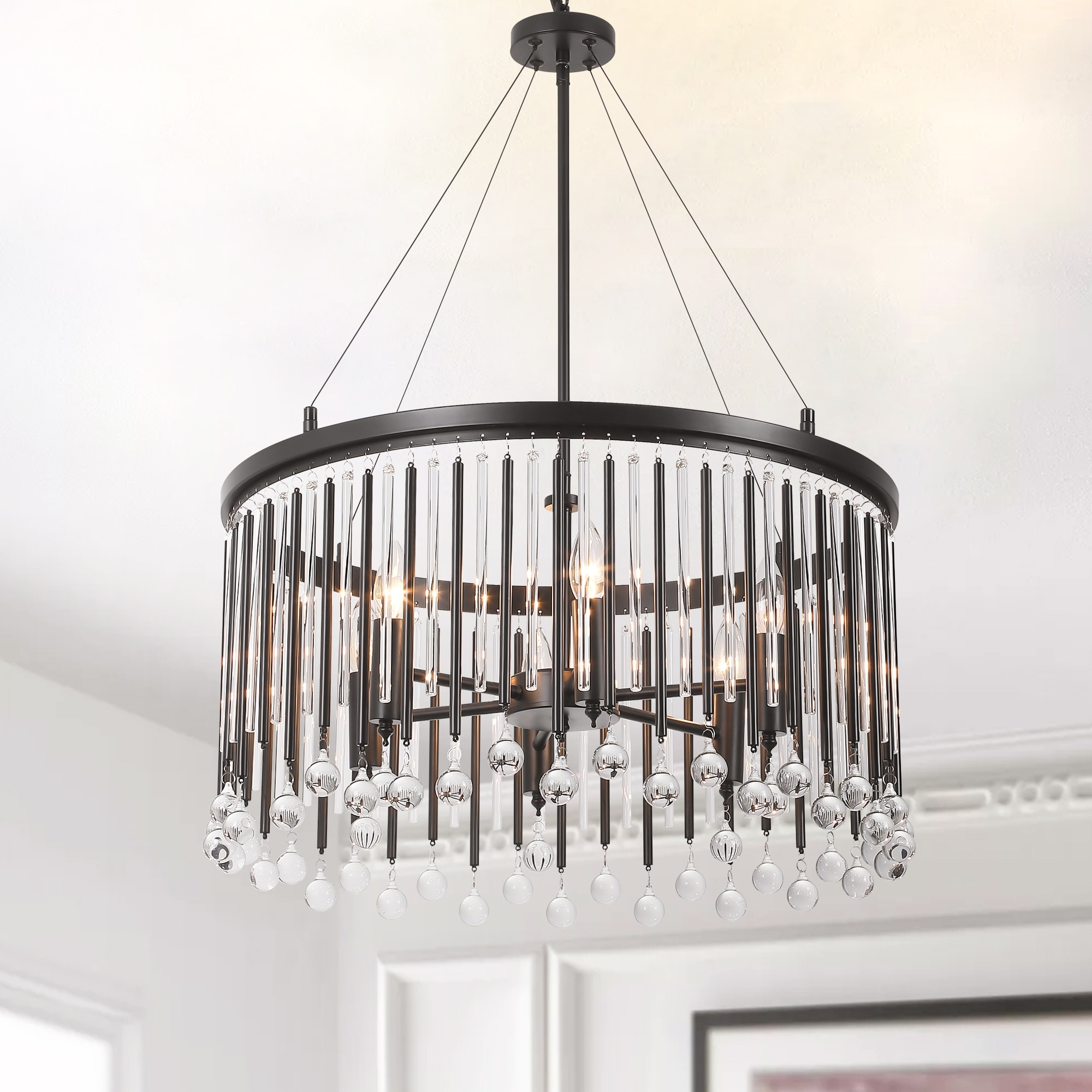 Rennnsan 6-Light Modern Black Drum Raindrop Crystal Chandelier with Metal and Crystal Rods - 24.02 in. W x 31.5 in. H