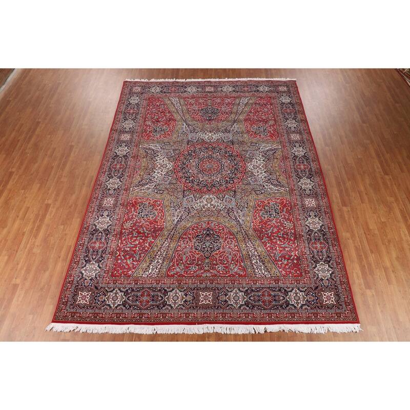 Red Floral Kashan Turkish Rug Machine-Made Bedroom Carpet - 9'7" x 12'9"