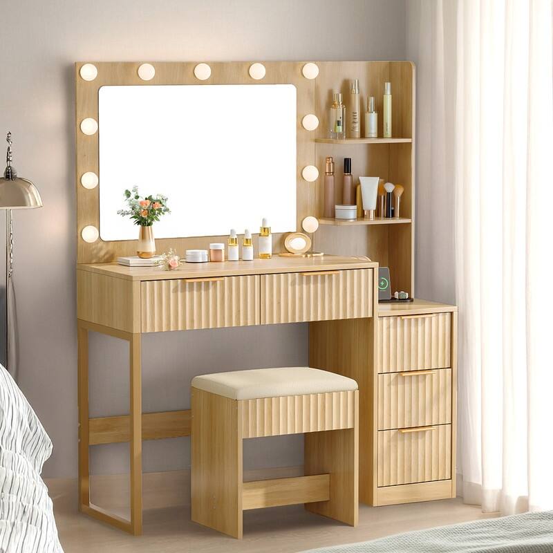 Particle Board Veneered with Textured Melamine, 5-drawer 2-Shelf, comes with 11 Three-color Dimmable Bulbs, Dressing Table Set
