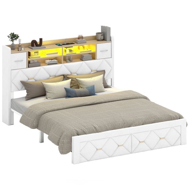 Farmhouse Bed Frame Upholstered Headboard Platform Bed with Charging Station - White - Queen