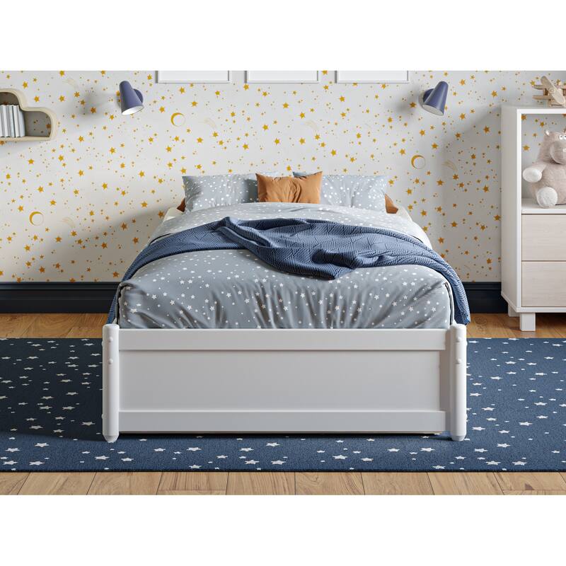 Asian Twin Panel Bed with Trundle - White Platform Bed Frame - Space Saving Design - Hardwood Frame