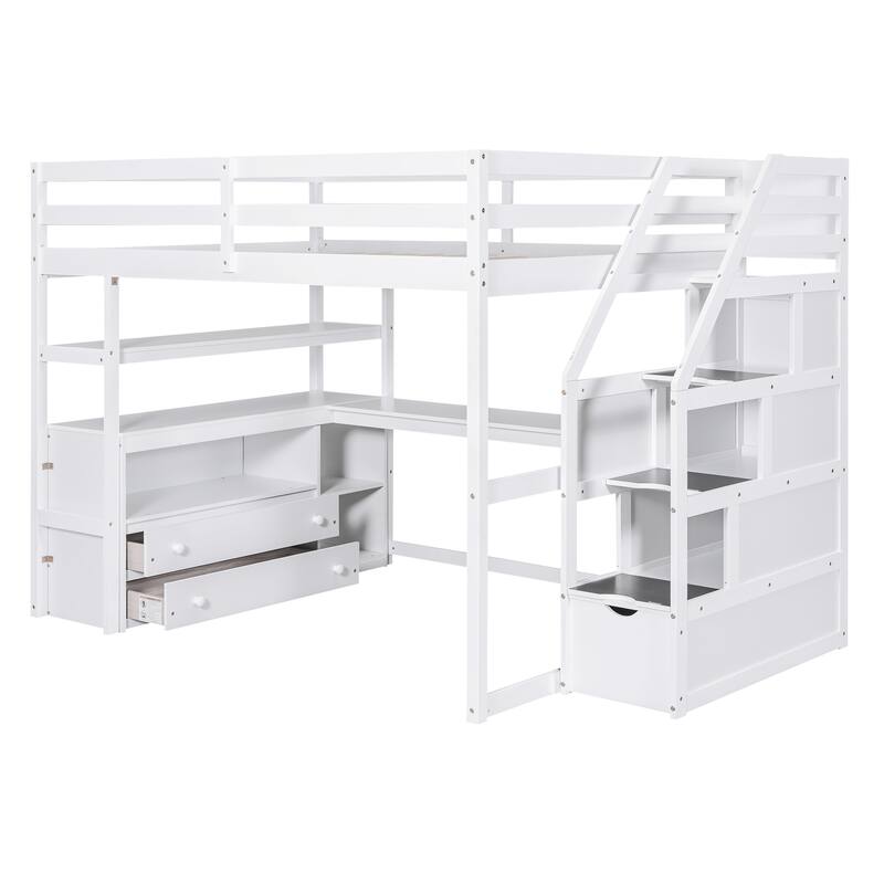 Full Size Loft Bed with Desk, Shelves, Drawers, and Storage Staircase in White