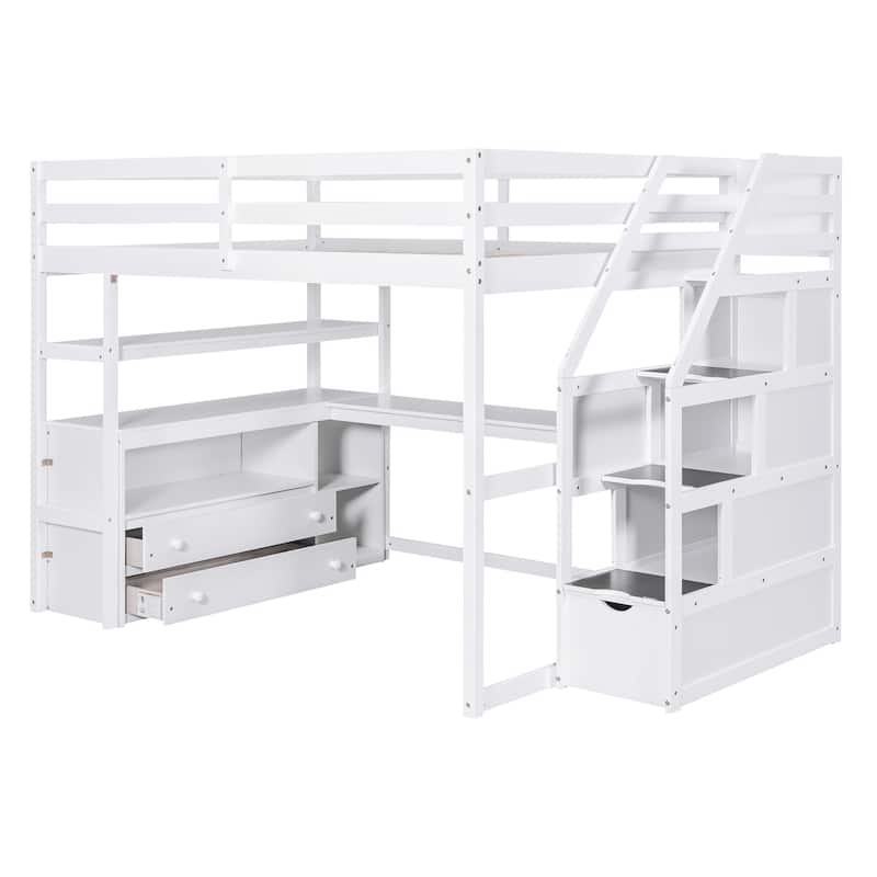 Full Size Loft Bed with Desk and Shelves, Two Built-in Drawers, Storage Staircase, Gray