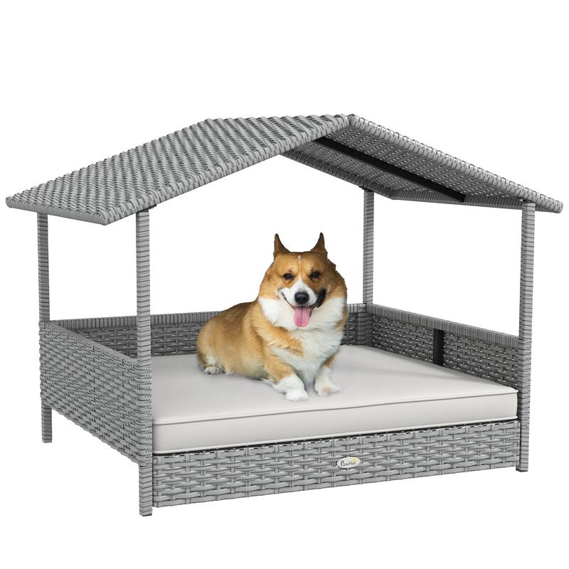 Wicker Dog House Outdoor with Canopy, Rattan Dog Bed with Water-resistant Cushion, for Small and Medium Dogs - White
