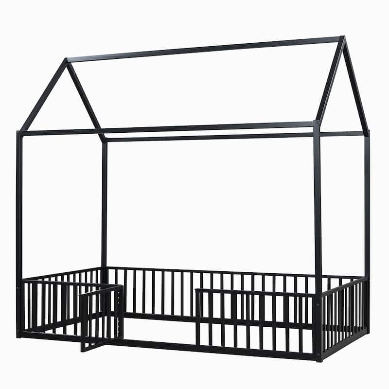 Black Twin Size Metal House Bed with Fence, Roof, and Door for Kids' Bedroom