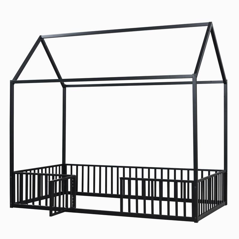 Twin Size House Design Platform Bed, Metal Floor Bed Frame with Fence, Door and Roof for Children, Boys and Girls