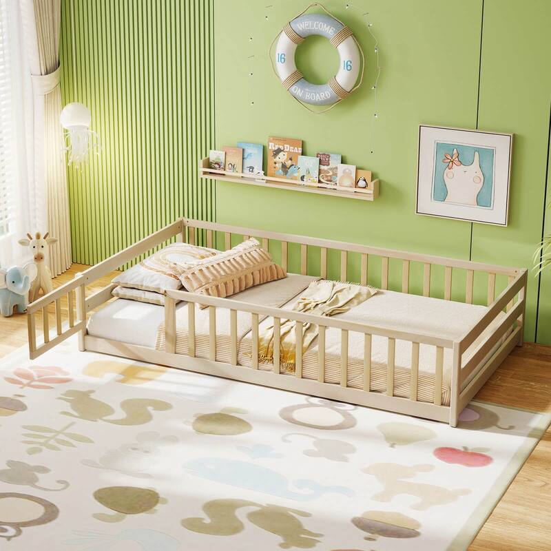 Costway Twin Size Floor Bed with Door & Fence with Safety Guardrails &