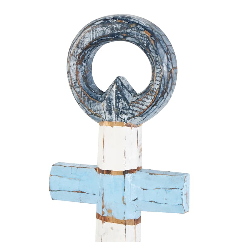 Blue Wood Distressed Anchor Home Wall Decor with Brown and Cream Accents