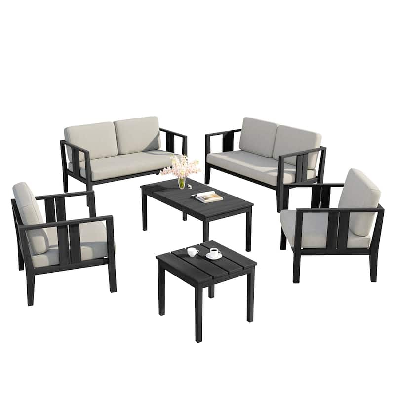 6-Piece Outdoor Furniture Solid Teak Patio Conversation Set with Table