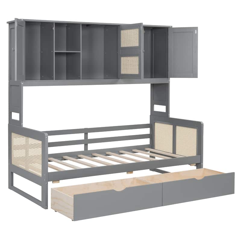 Twin Size Daybed with All-in-One Cabinet Headboard, Space Saving Wooden Platform Bed Frame with 2 Storage Drowers and Shelfs