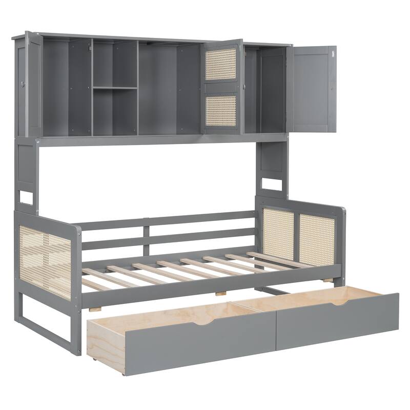 Twin Size Wooden Daybed with 2 Drawers and Built-in Cabinet, Modern Design and Flexible Storage, Sofa Bed Frame for Bedroom