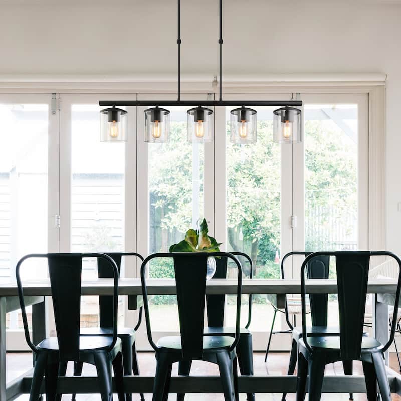 Farmhouse 5-Light Linear Black Chandelier with Clear Glass for Kitchen Island - L37"xW4.7"xH44.5"