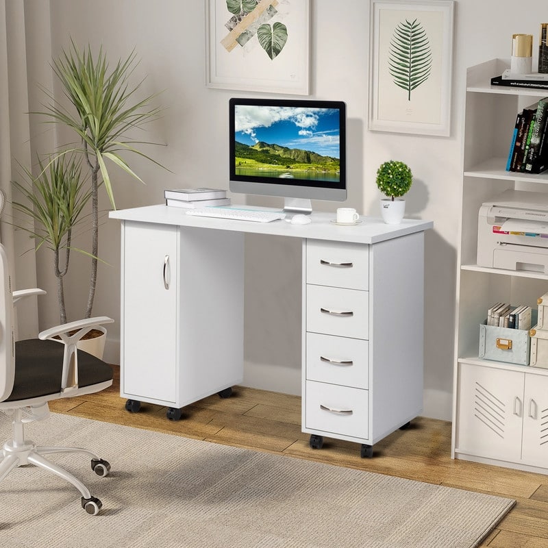 Double Edged Manicure Nail Table Computer Desk with 4 Drawers - 43.31" W - White