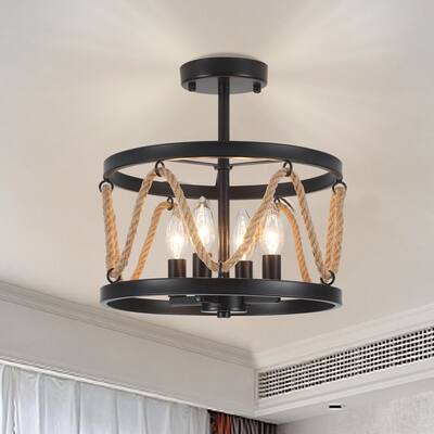 4-Light 12.6-Inch Wide Metal Ceiling Light Semi-Flush Mount Light with Hemp Rope - N/A