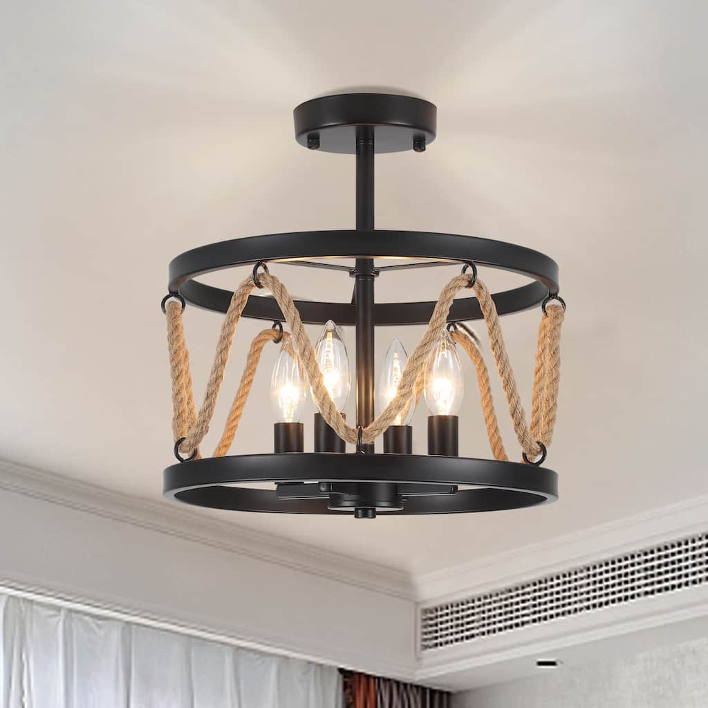 4-Light 12.6-Inch Wide Metal Ceiling Light Semi-Flush Mount Light with Hemp Rope