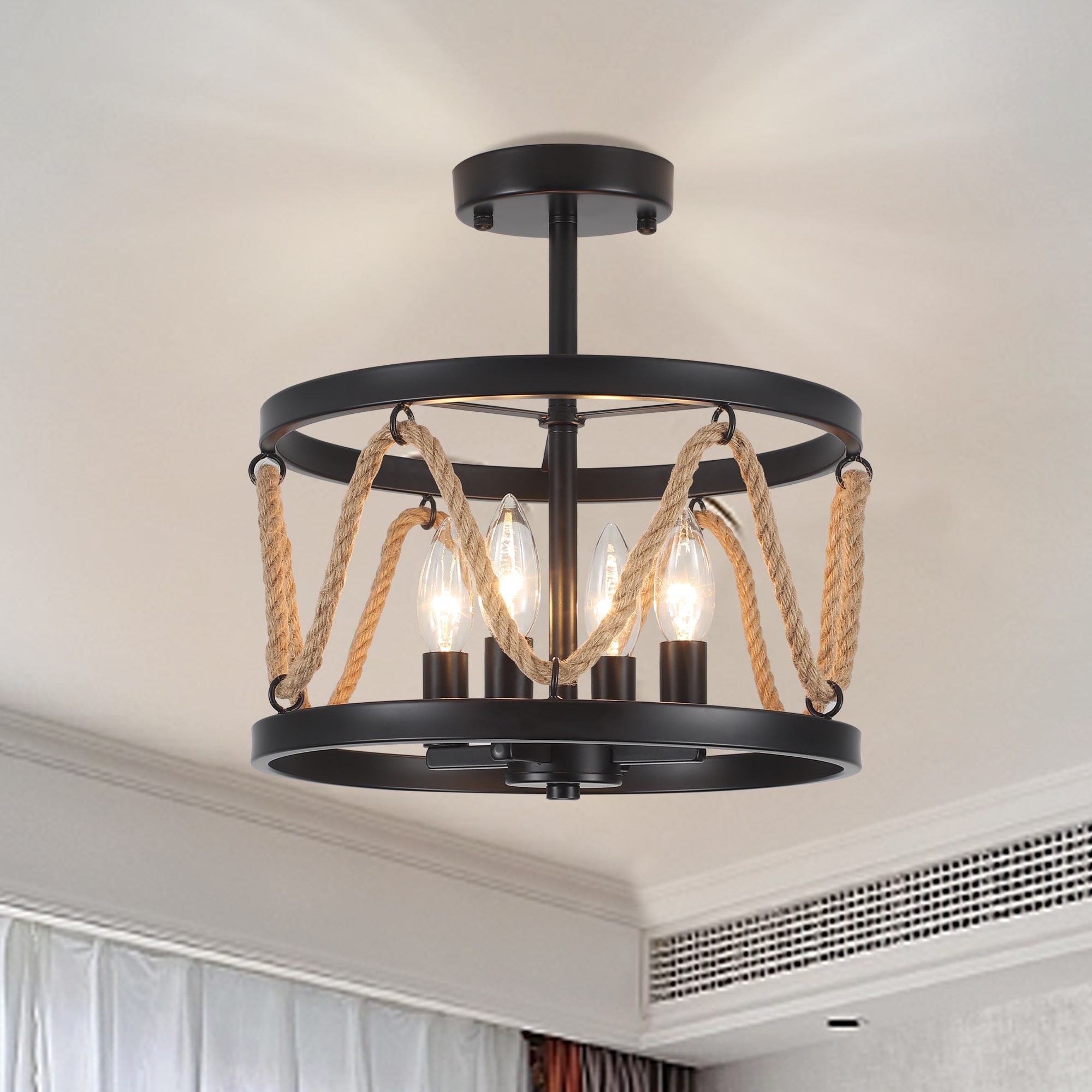 4-Light 12.6-Inch Wide Metal Ceiling Light Semi-Flush Mount Light with Hemp Rope