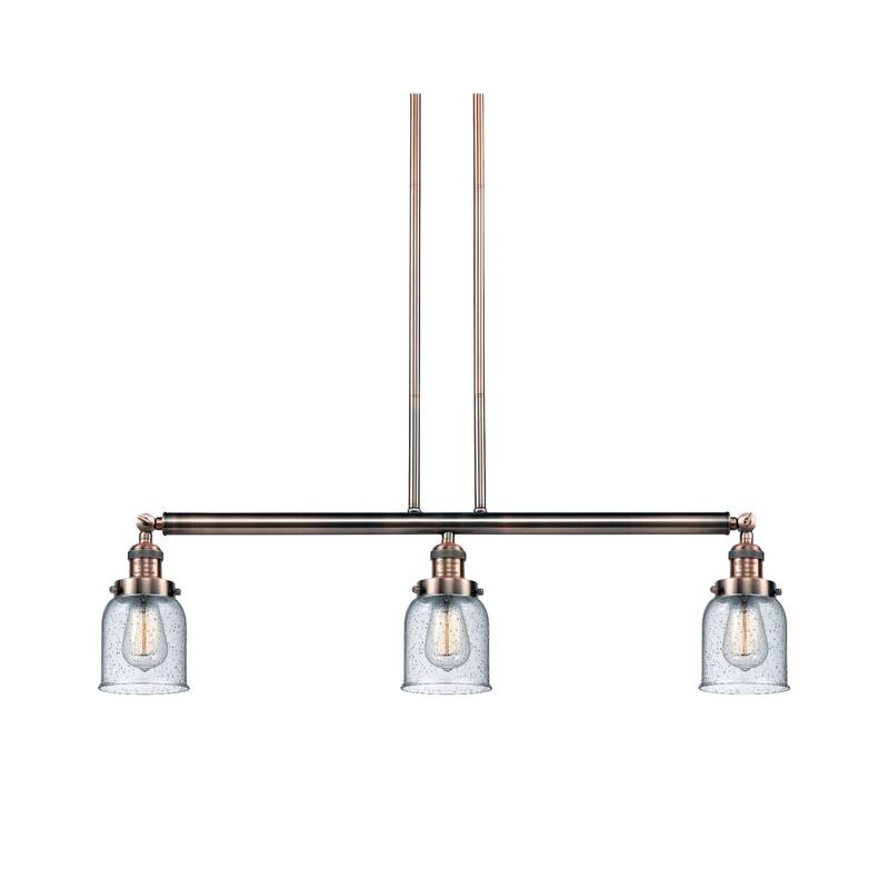 Innovations Lighting Small Bell 3 Light 38" Wide Linear Chandelier - Antique Copper / Seedy
