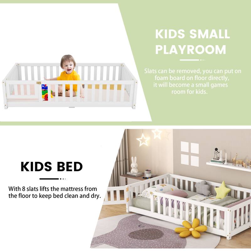 Twin/Full/Queen Size Floor Bed with Safety Guardrails for Kids, Wood Montessori Bedframe w/ Door, Children's Noiseless Beds