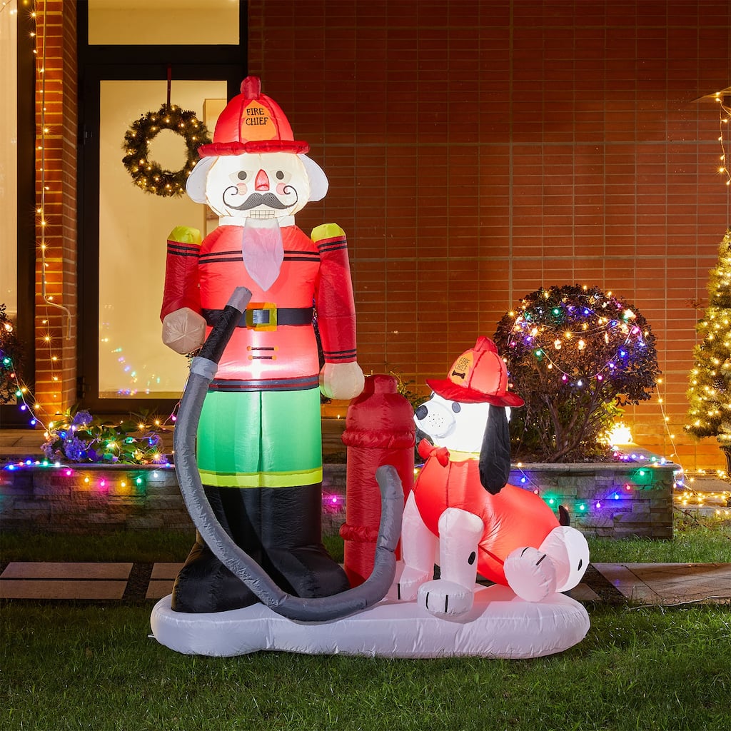 Glitzhome 7ft LED Inflatable Fire Fighter with Puppy Dog Decor
