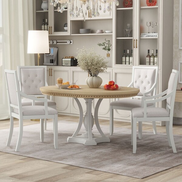 Retro 5-Piece Dining Table Set, Extendable Round Table with 4