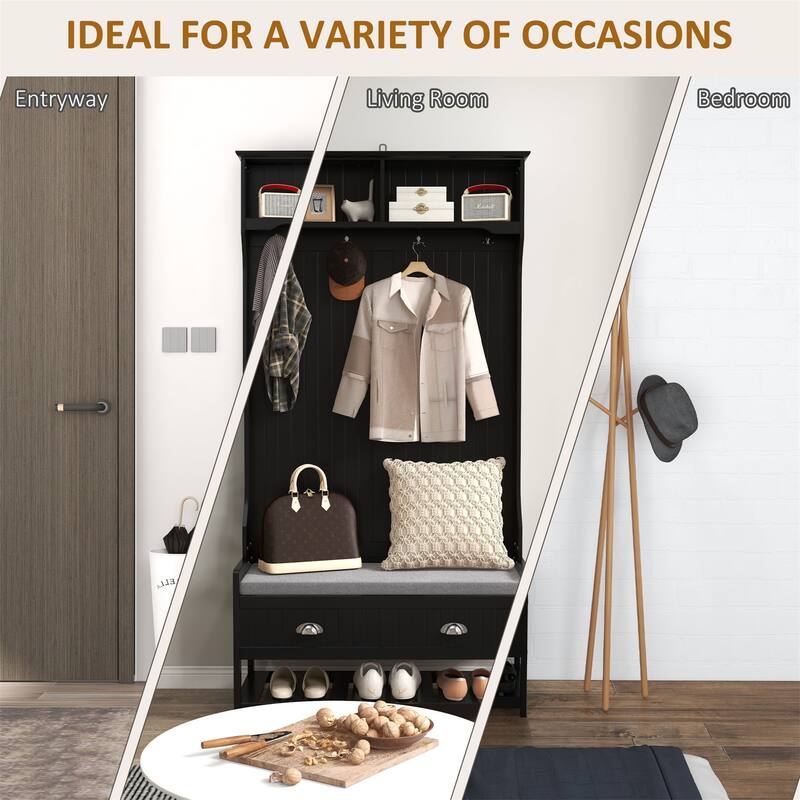 3-in-1 Hall Tree, Entryway Bench with Coat Rack
