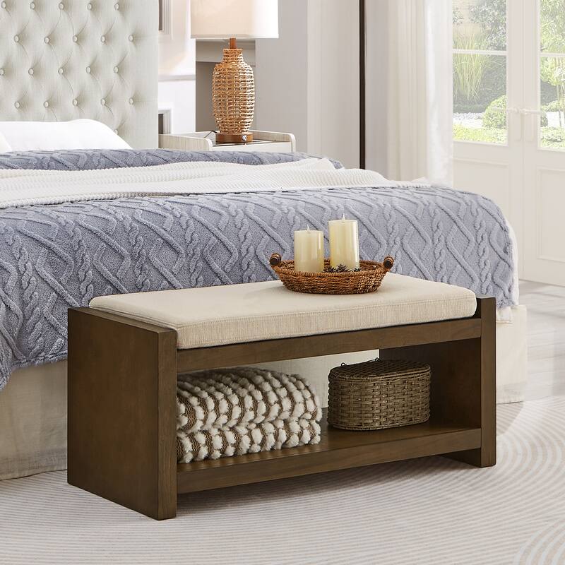 40" Accent Bench with Lower Shelf Shoe Rack, Padded Seating Bench for Living Room, Modern Compact Bed End Bench with Storage - Ivory