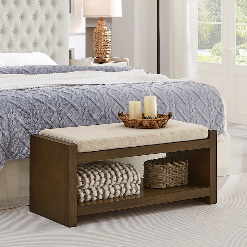 Accent Bench with Lower Shelf Shoe Rack, Padded Seating Bench, Modern Compact Bed End Bench with Storage - 47in_Ivory