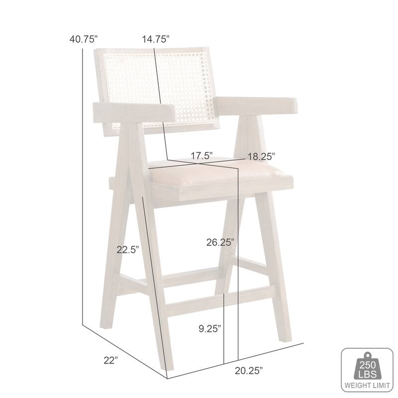 Harley Nutmeg Brown Solid Wood and Rattan Upholstered Counter or Bar Height Barstool