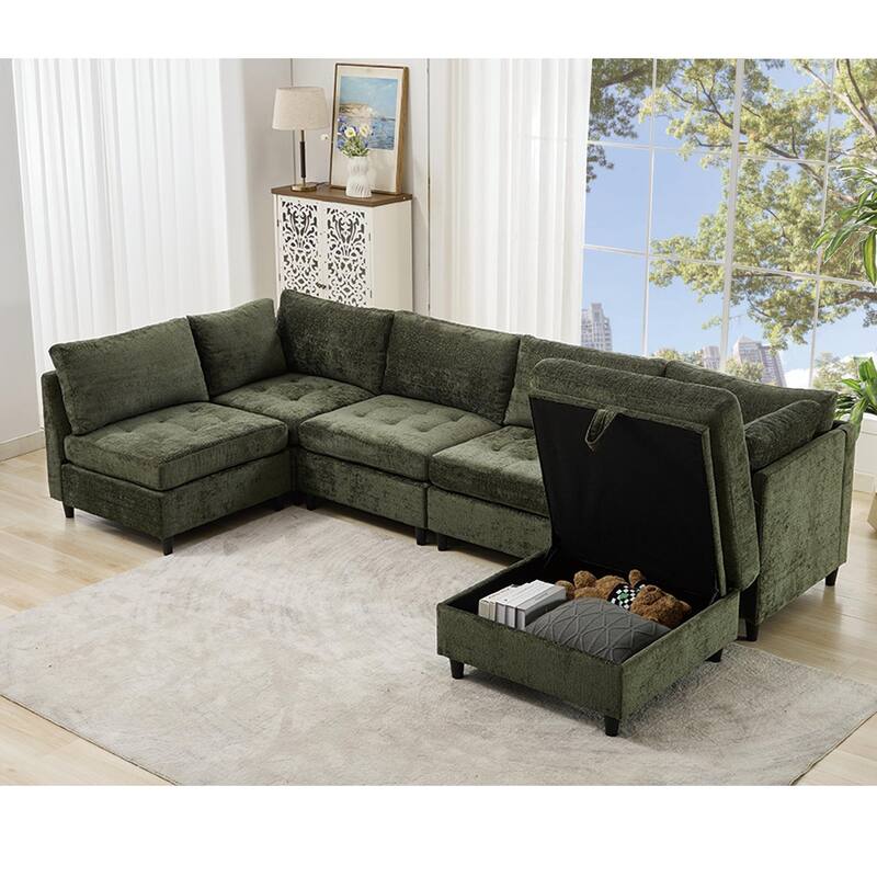 128" Chenille U-Shaped Modular Sectional Sofa with Ottoman