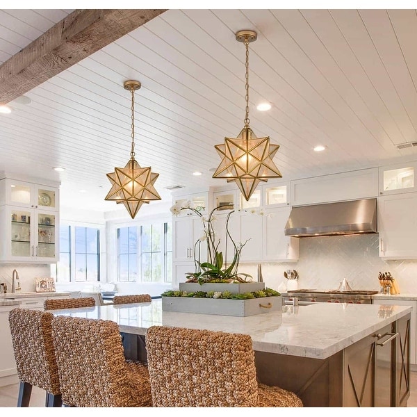 Malgrate Brass Moravian Star Pendant Light 14 inch Seeded Glass Shade