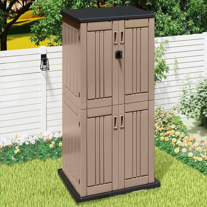 Outdoor Storage Shed with 4 Shelves - N/A - Brown