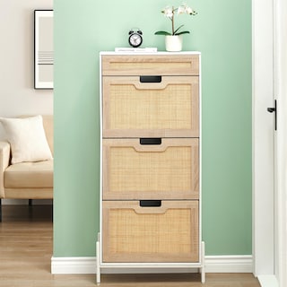 Rattan Shoe Cabinet with 3 Flip Door 1 Drawer Wooden Free Standing Shoe Racks, Shoe Storage Organizer Shoe Rack - 24x9.4x53.7in
