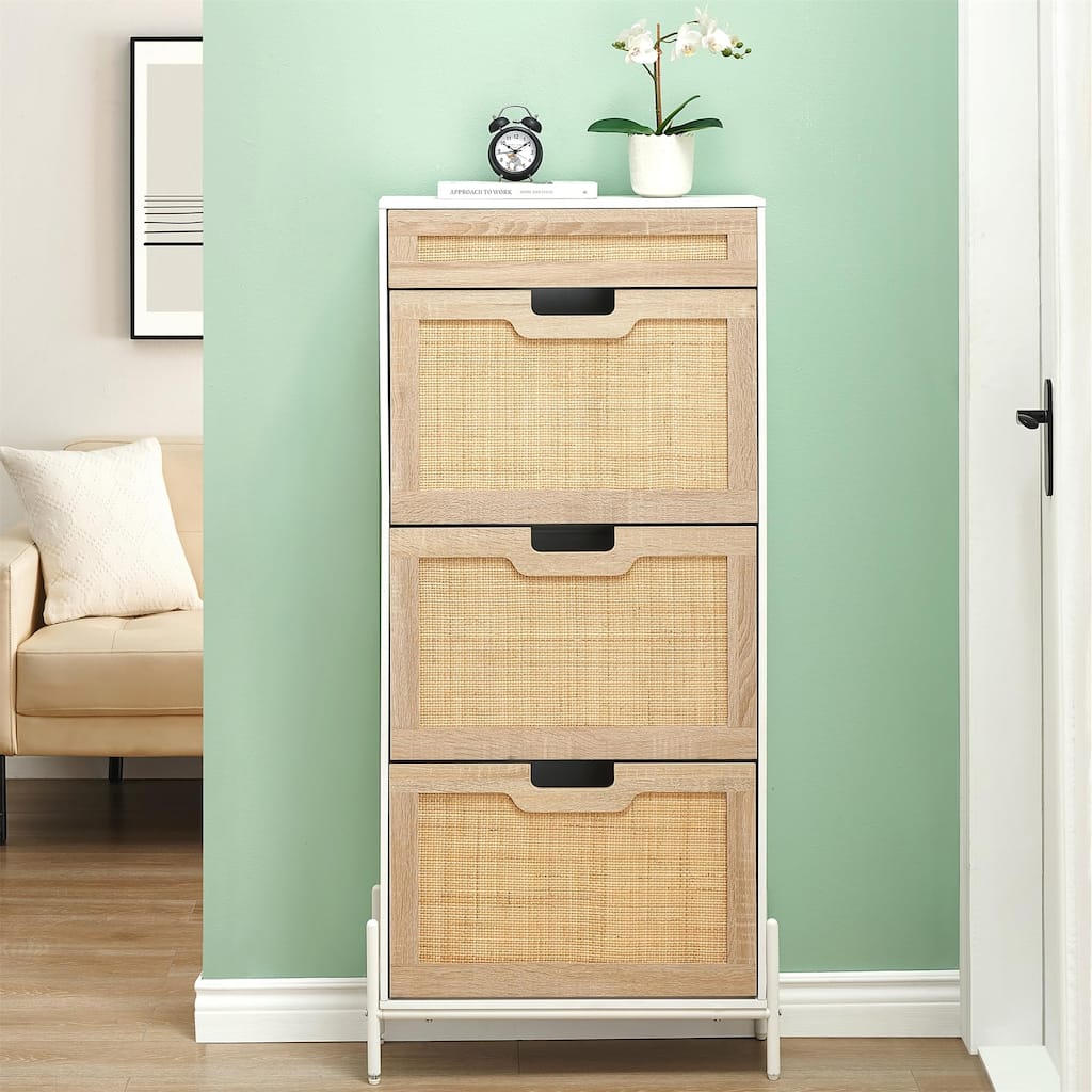 Rattan Shoe Cabinet with 3 Flip Door 1 Drawer Wooden Free Standing Shoe Racks, Shoe Storage Organizer Shoe Rack - 24x9.4x53.7in