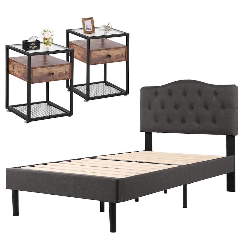 Taomika 3-pieces Height Adjustable Upholstered Bed and Modern Tempered Glass Nightstands Set