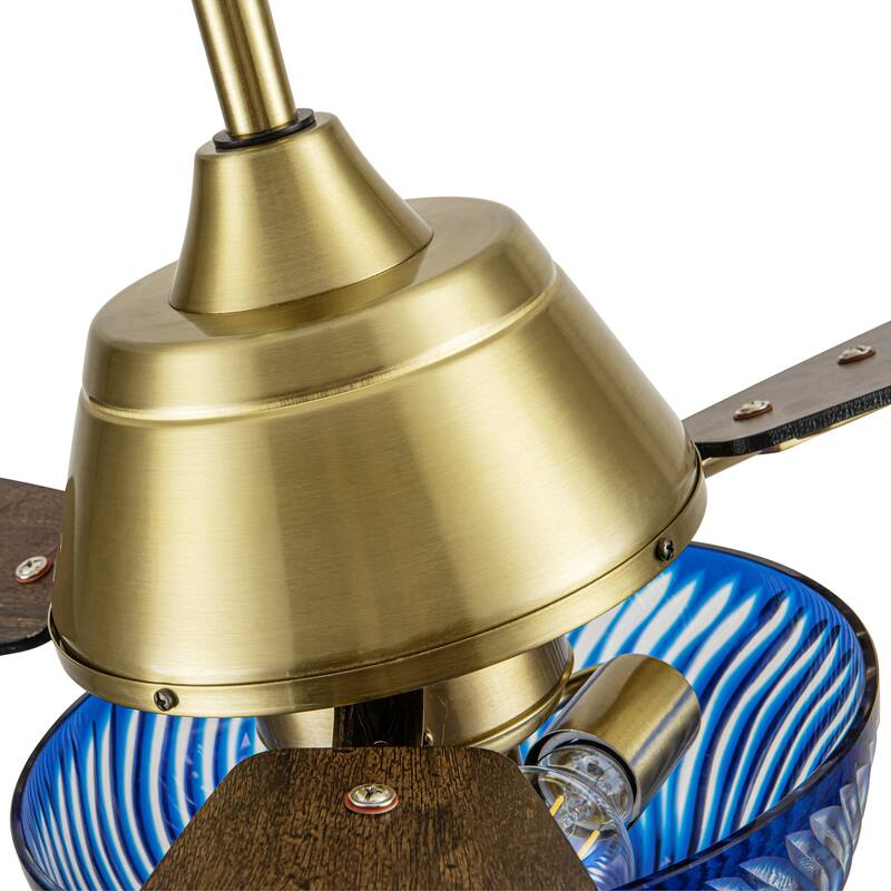 Coco River of Goods 3-blade 42-inch Glam Indoor Ceiling Fan with Blue Hand-Cut Glass Shade and Remote Control