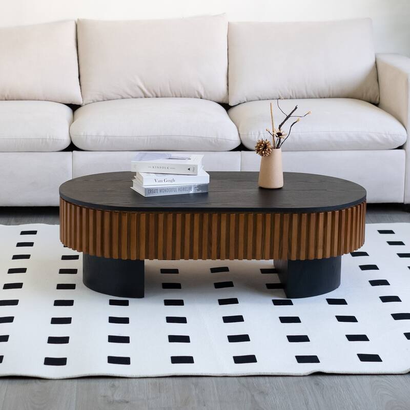 43.7" Black + Walnut Elliptical Coffee Table, Removable Top & Hidden Storage for Any Room