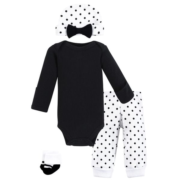 slide 1 of 1, Hudson Baby Girls Thermal Preemie Layette Set 4pc Long Sleeve Outfit, Black White Dots, Preemie - Black White Dots Long Sleeve Preemie - Black White Dots Long Sleeve
