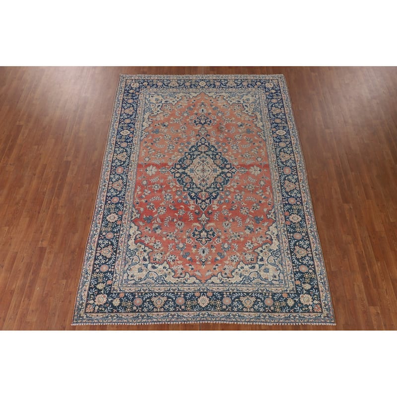Distressed Kashan Persian Antique Area Rug Handmade Wool Carpet - 7'2"x 10'0"