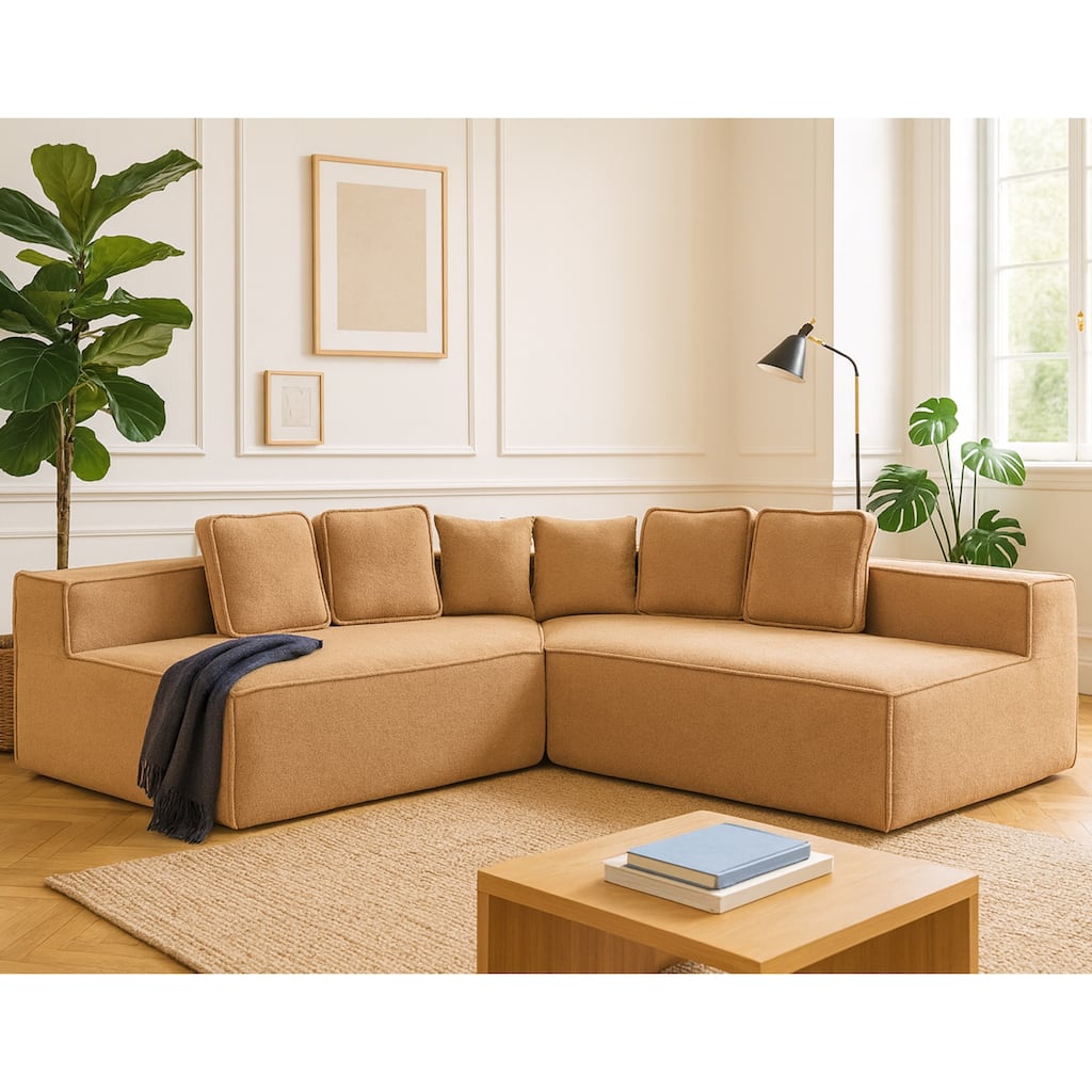 132"Oversized Teddy Fabric Modular Sectional Sofa,Full-Foam Cushion Design with Ultra Soft Feel with Six Cushions