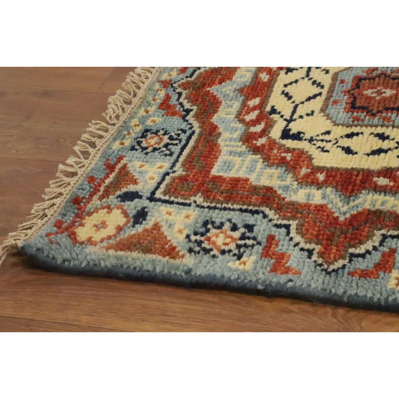Hand Knotted Oriental 100% Wool Carpet Traditional Geometric Navy Blue & Blues Kazak Runner Rug - 7' 11'' X 2' 5''