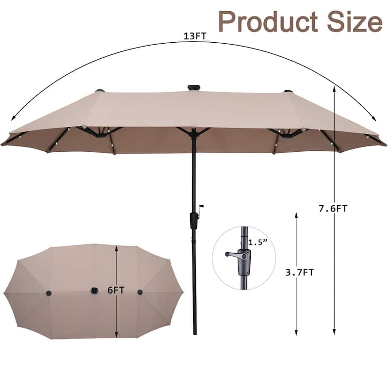 Ainfox 13ft Double-sided Patio Umbrella Solar LED Lighted Outdoor Martet Umbrella with Base