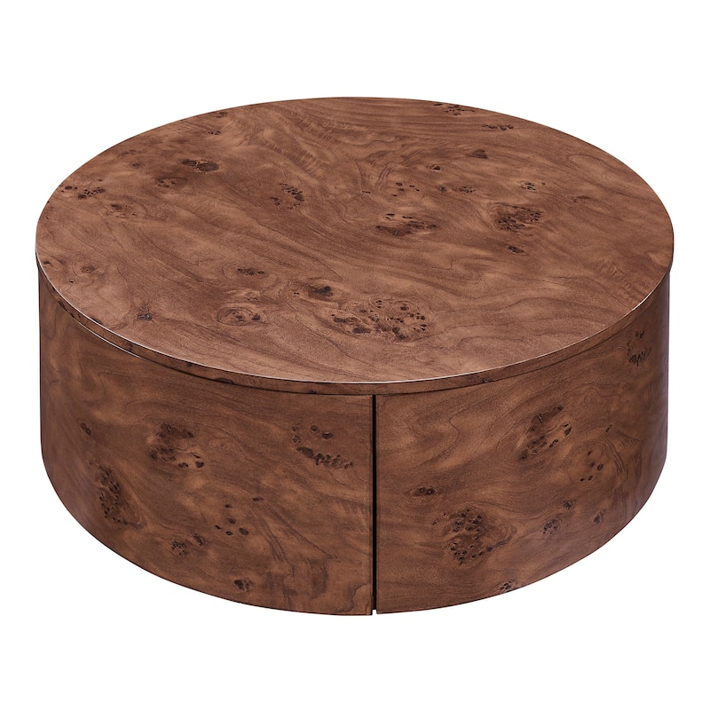 Burl Wood Rotating Coffee Table with 2 Drawers, 360° Rotating Top, Walnut, 28.4"